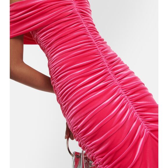 MONIQUE LHUILLIER Ruched off-shoulder velvet gown fuchsia US8 - Picture 5 of 12